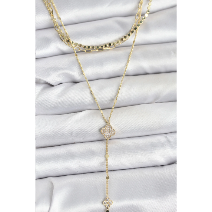 BFS Pirinç Gold Renk Zirkon Taşlı Yoncalı Model Detaylı 3lü Kombin Y Kadın Kolye