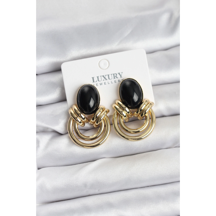 BFS Pirinç Gold Renk Siyah Taşlı Vintage Kadın Küpe