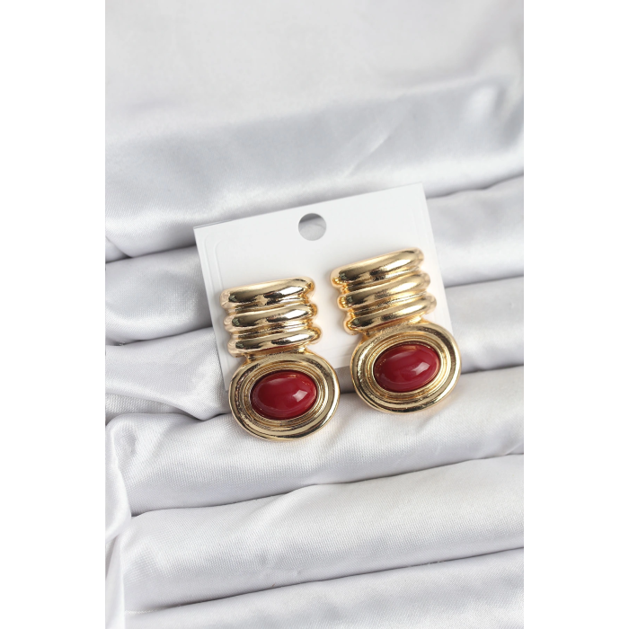 BFS Pirinç Gold Bordo Renk Vintage Kadın Küpe