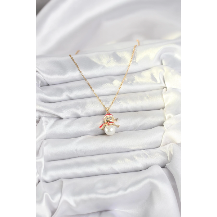 BFS 316L Çelik Zincir Gold Renk Kardan Adam Model Yılbaşı Temalı Kadın Kolye