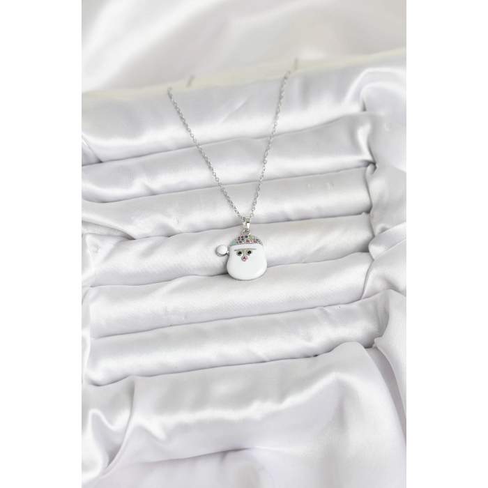 BFS 316L Çelik Zincir Gümüş Renk Şapkalı Kardan Adam Kafası Model Yılbaşı Temalı Kadın Kolye