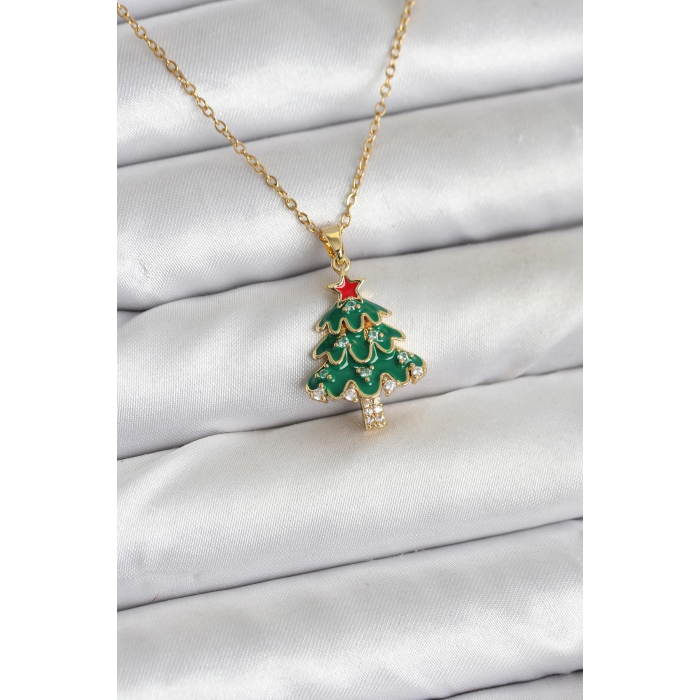 BFS 316L Çelik Zincir Gold Renk Çam Ağacı Model Yılbaşı Temalı Kadın Kolye