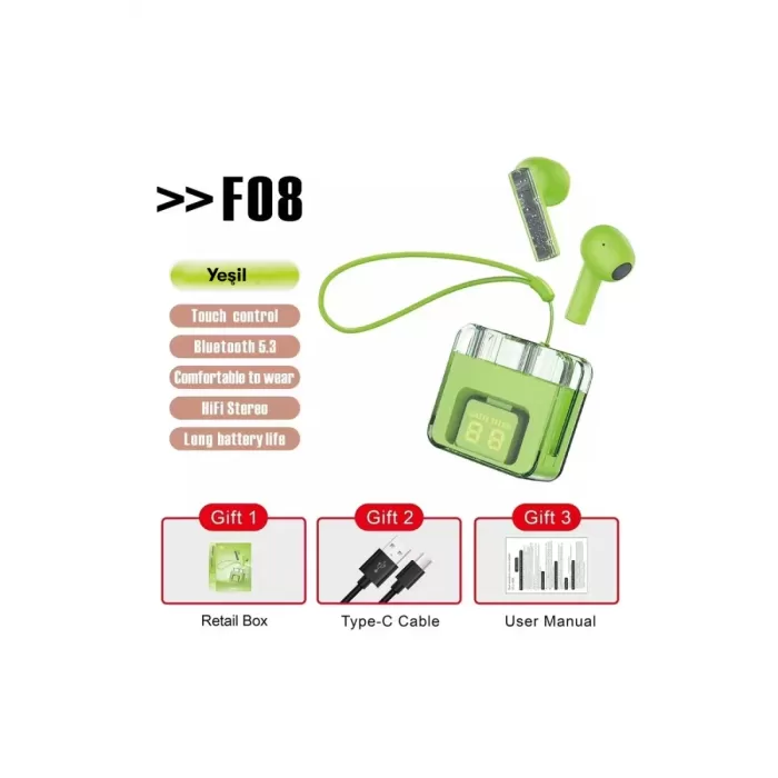 Karler Bass F08 Dijital Şarj Göstergeli TWS Bluetooth Kulaklık - Yeşil