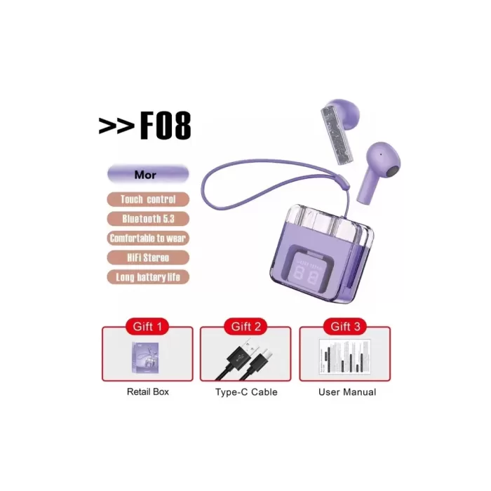 Karler Bass F08 Dijital Şarj Göstergeli TWS Bluetooth Kulaklık - Mor