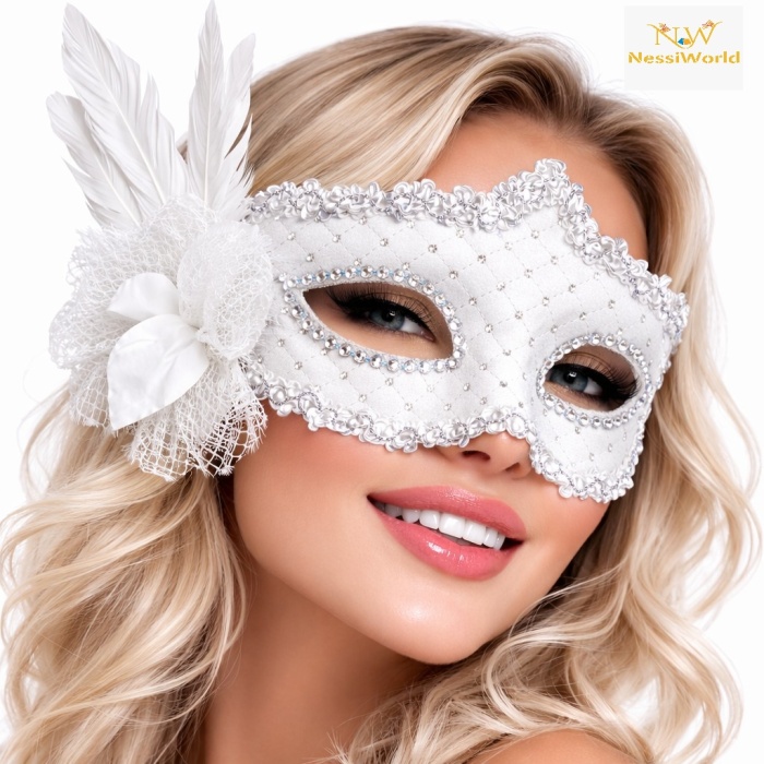 Beyaz Tüylü Venedik Lüks Balo Maskesi