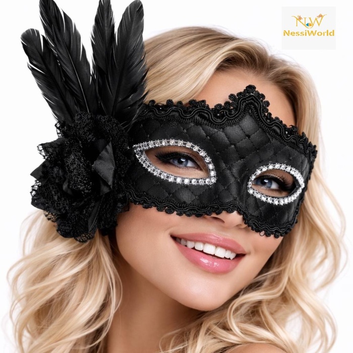 Siyah Tüylü Venedik Lüks Balo Maskesi