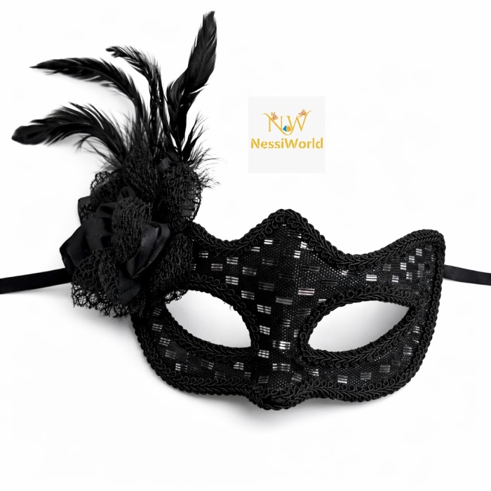 Siyah Tüylü Balo Maskesi Kadın Parti Aksesuarı