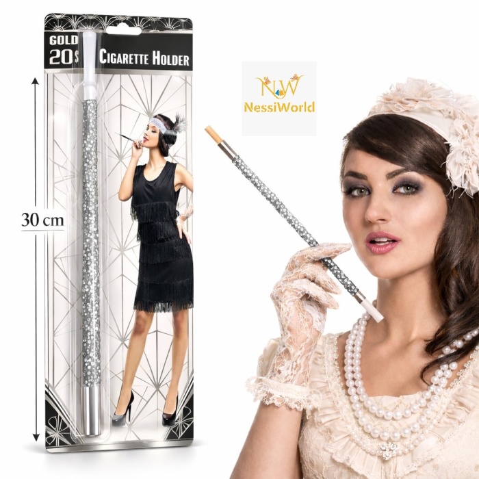 30 cm Gümüş Payetli Sigara Tutacağı – 1920’ler Gatsby Parti Aksesuarı