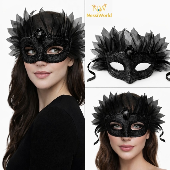 Siyah Taşlı Venedik Maskesi Lüks Tüllü Parti Maskesi