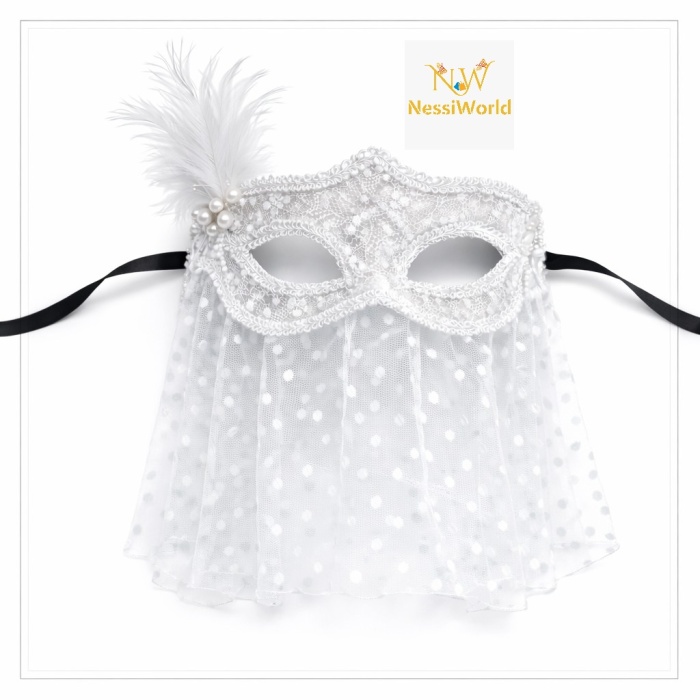 Beyaz Dantel Tüllü Peçeli Parti Maskesi – Tüylü İnci Detaylı