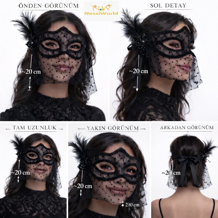 Siyah Dantel Tüllü Peçeli Parti Maskesi