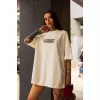Unisex Bisiklet Yaka Baskılı Oversize T-Shirt - Beyaz