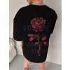 Unisex Bisiklet Yaka Baskılı Oversize T-Shirt - Siyah