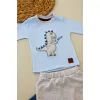 Minik Dino Nakışlı Şapkalı Uzun Kollu Sweat 3lü Kız-erkek Bebek Takımı Mavi