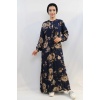 Moda Çizgi Gül Desenli Elbise MC4101 Lacivert