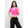 Moda Çizgi Renkli Yaka Triko Crop Pembe