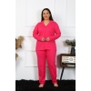 Moda Çizgi Kadın Büyük Beden Pamuklu Cepli Düğmeli Fuşya Pijama Takım  401