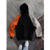 Üç İplik Penye Kapşonlu Parçalı SweatShirt - Siyah