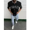 Erkek Complex Kolları Deri Kolej Oversize T-shirt - Siyah