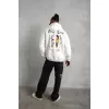 Erkek Sırt Baskılı Oversize Üç İplik Kapüşonlu Sweatshirt - Beyaz