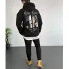 Erkek Sırt Baskılı Oversize Üç İplik Kapüşonlu Sweatshirt - Siyah