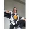 Kadın Smiley Face Kapüşonlu Sweatshirt - Siyah