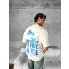 Ön ve Arka Baskılı Oversize Bisiklet Yaka T-shirt- Beyaz