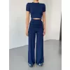 Osy Modal Yumuşak Dokulu Kumaş Kısa Kollu Crop Rahat Pantalon ikili Takım - Lacivert