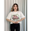 Oversize Beyaz baskılı crop tişört