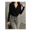 Siyah Kruvaze Yaka Vatkalı Bodysuit