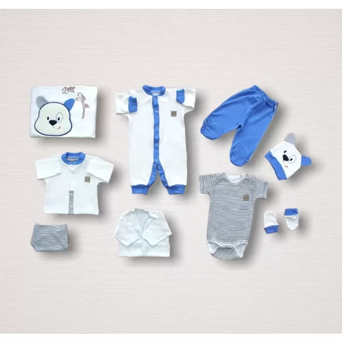 Minik Centilmen ı Nakışlı %100 Cotton Antibakteriyel 10lu Zıbın Takımı Hastane Çıkışı Mavi