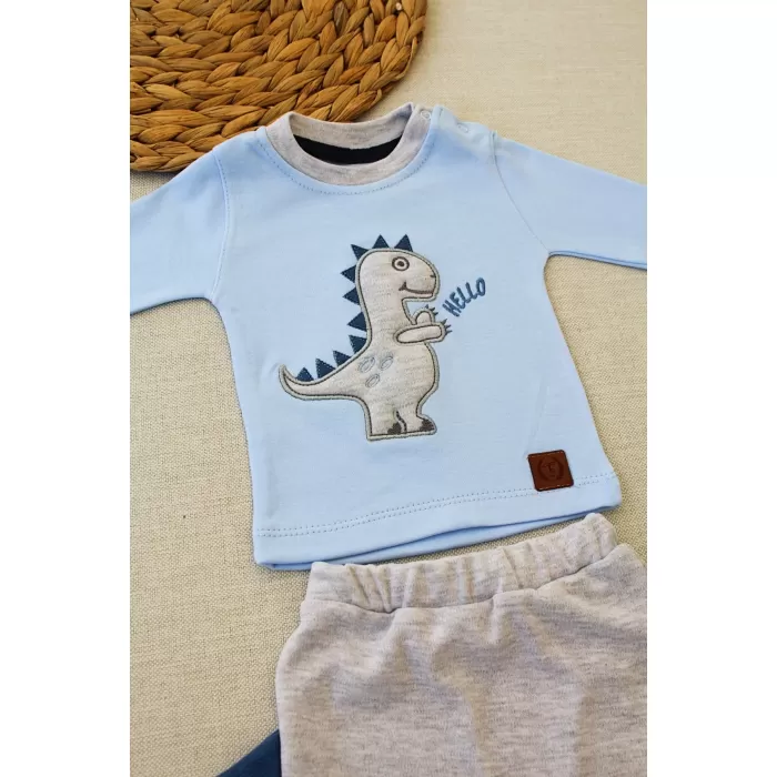 Minik Dino Nakışlı Şapkalı Uzun Kollu Sweat 3lü Kız-erkek Bebek Takımı Mavi