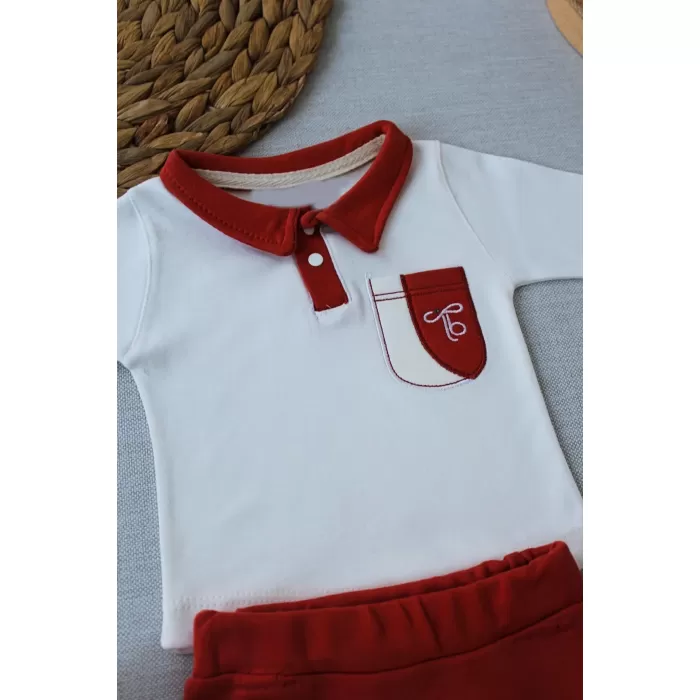 Efendi Nakışlı Cep Şapkalı Uzun Kollu Sweat 3lü Erkek Bebek Takımı Kiremit