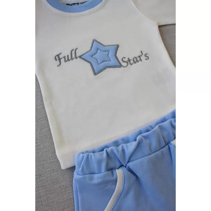Full Star Nakışlı Şapkalı Uzun Kollu Sweat 3lü Erkek Bebek Takımı Mavi