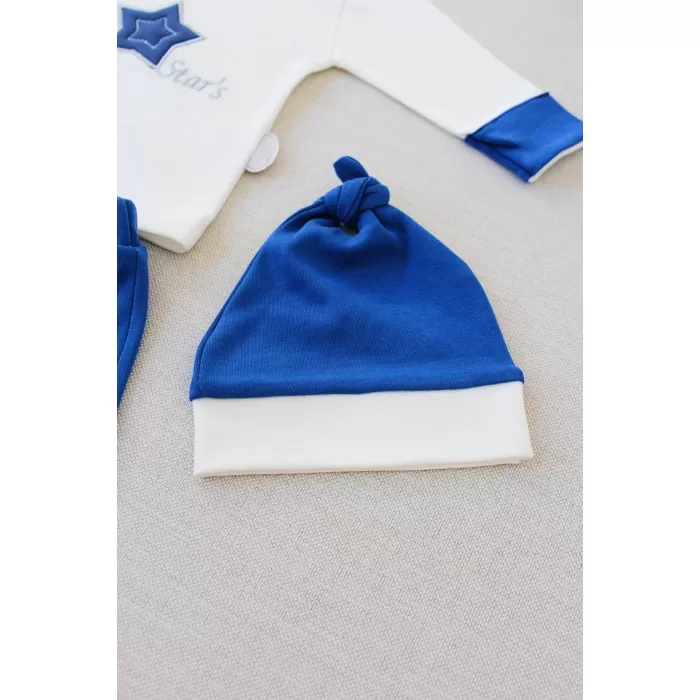 Full Star Nakışlı Şapkalı Uzun Kollu Sweat 3lü Erkek Bebek Takımı İndigo