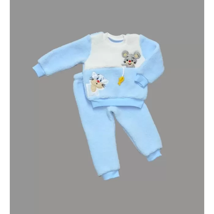 Sallanan Balık Nakışlı Kuzu Kumaş Sweat Pantolon Uzun Kollu Kız Erkek 2 Li Takımı Mavi
