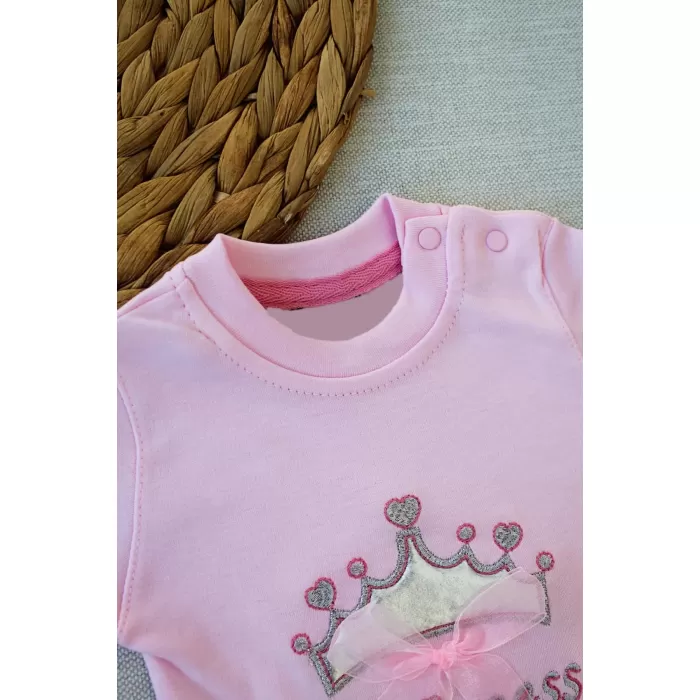 Full Star Nakışlı Şapkalı Uzun Kollu Sweat 3lü Erkek Bebek Takımı Pembe