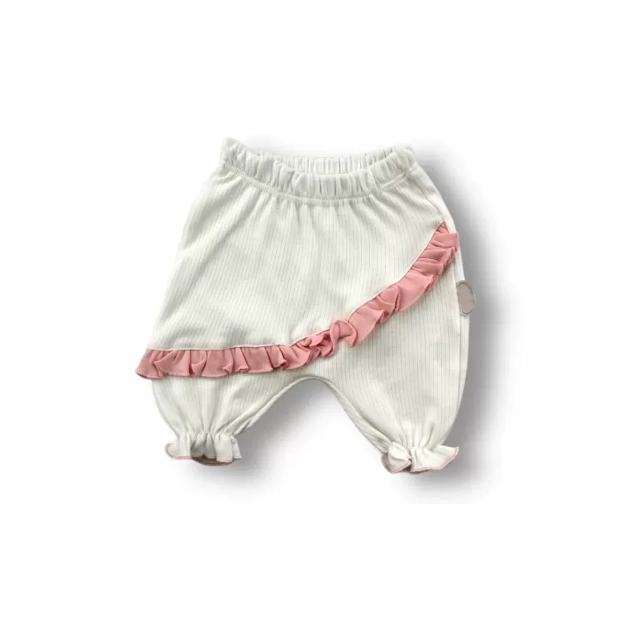 Çiçek Nakışlı Roman Şalvar Bandanalı Kısa Kollu Sweat 3lü Kız Bebek Takımı Pudra