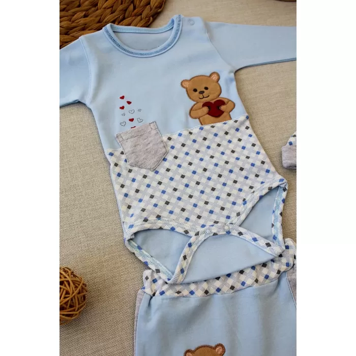 Romantik AAyıcık Nakışlı Şapkalı Uzun Kollu Zıbınlı 3lü Kız-erkek Bebek Takımı Mavi