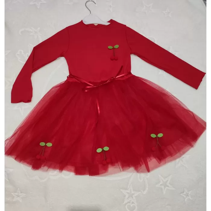 Kiraz Desenli Kurdela Kuşaklı Astarlı Uzun Kollu Kız Çocuk Tütü Elbise Kırmızı