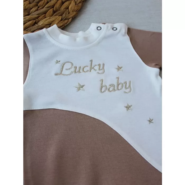 Lucky   Nakışlı Es Çizgi Boy Şapkalı Erkek Bebek Tulumu Kahverengi