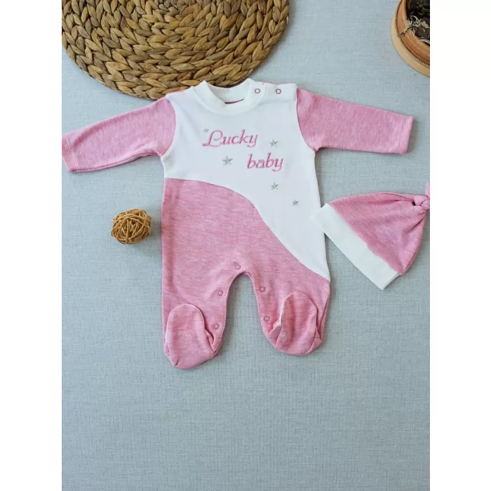 Lucky   Nakışlı Es Çizgi Boy Şapkalı Kız Bebek Tulumu Pembe