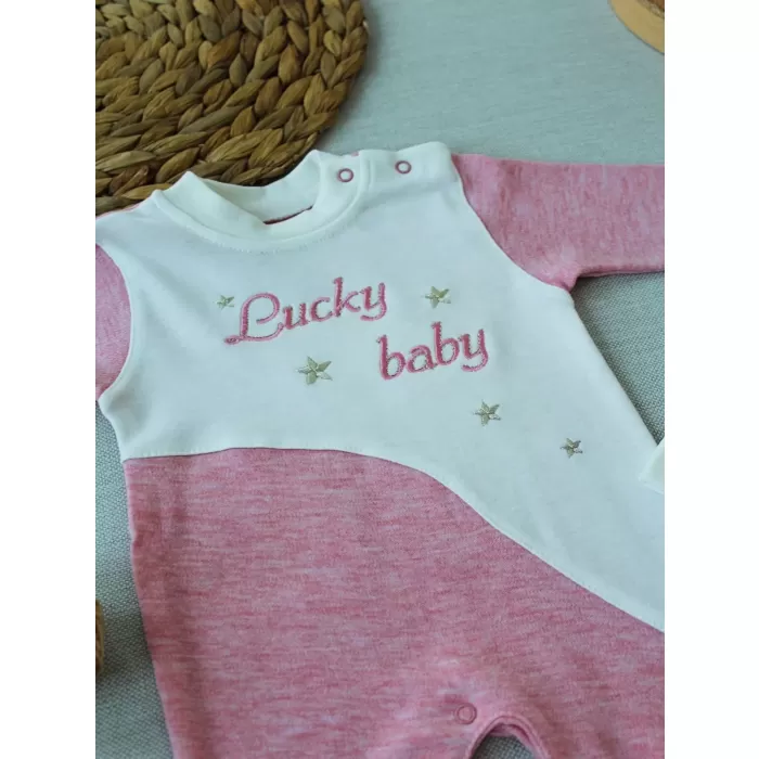 Lucky   Nakışlı Es Çizgi Boy Şapkalı Kız Bebek Tulumu Pembe