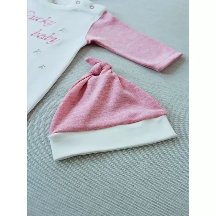 Lucky   Nakışlı Es Çizgi Boy Şapkalı Kız Bebek Tulumu Pembe