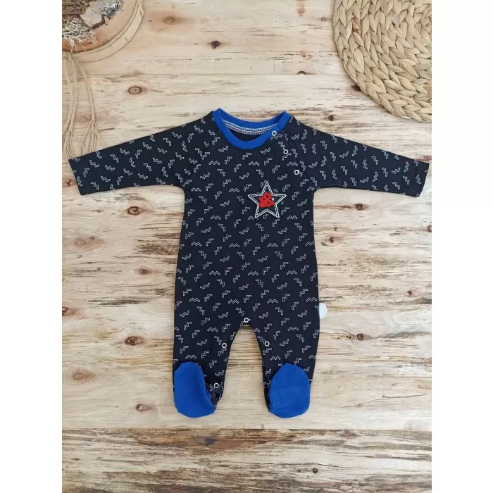 Star   Baskılı Çıt Çıt Kapama Erkek Bebek Tulum Siyah