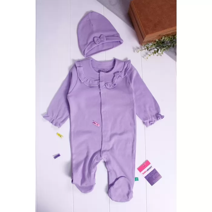 Robası Astarlı Fiyonk Şapkalı Kız Bebek Tulum