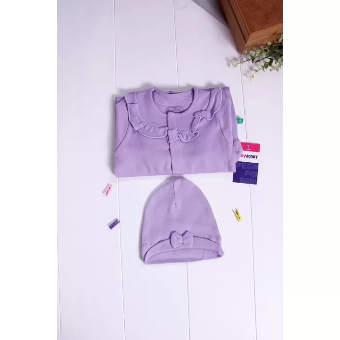 Robası Astarlı Fiyonk Şapkalı Kız Bebek Tulum