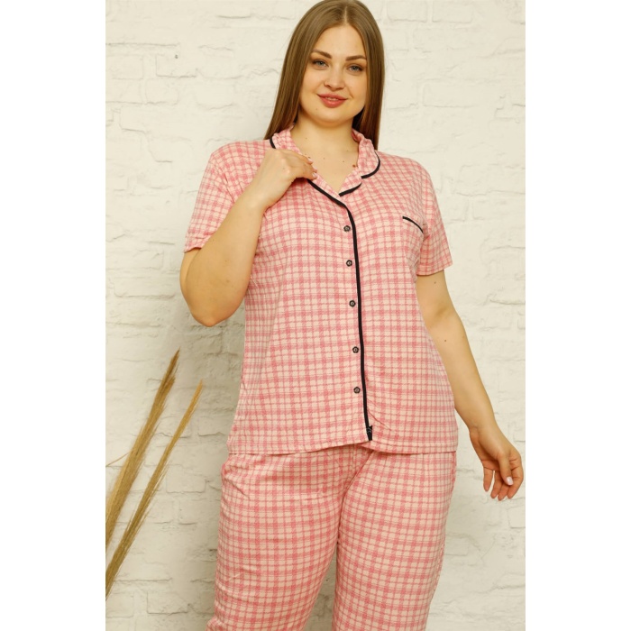 Moda Çizgi Kadın Pamuklu Cepli Kısa Kol Büyük Beden Pijama Takım  126