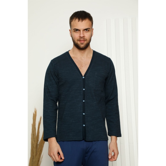 Moda Çizgi Erkek %100 Pamuk Önden Düğmeli Cepli Uzun Kollu Pijama Takımı 6768
