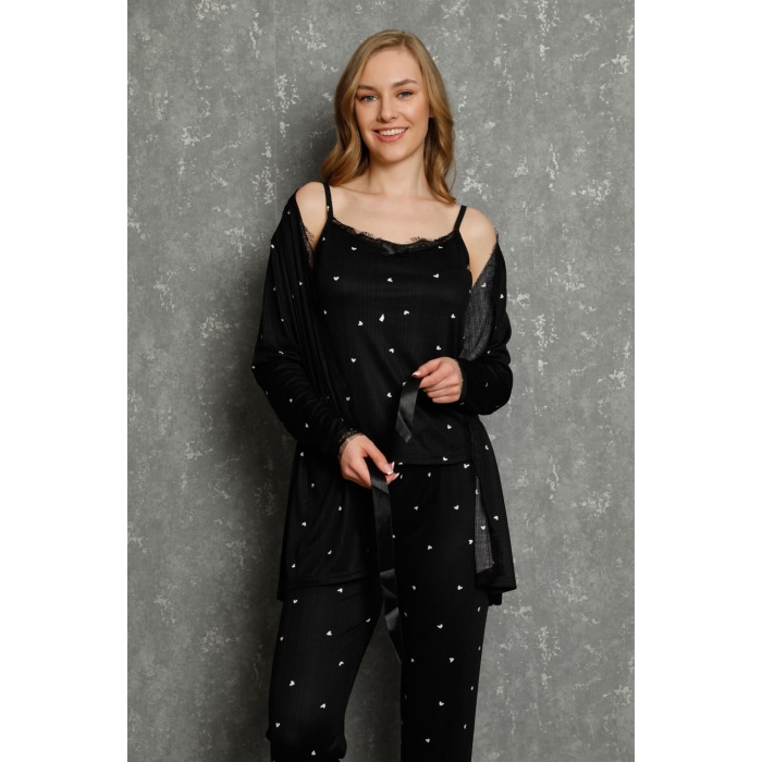 Moda Çizgi Kadın %100 Pamuk 3lü Sabahlık Pijama Takım  03